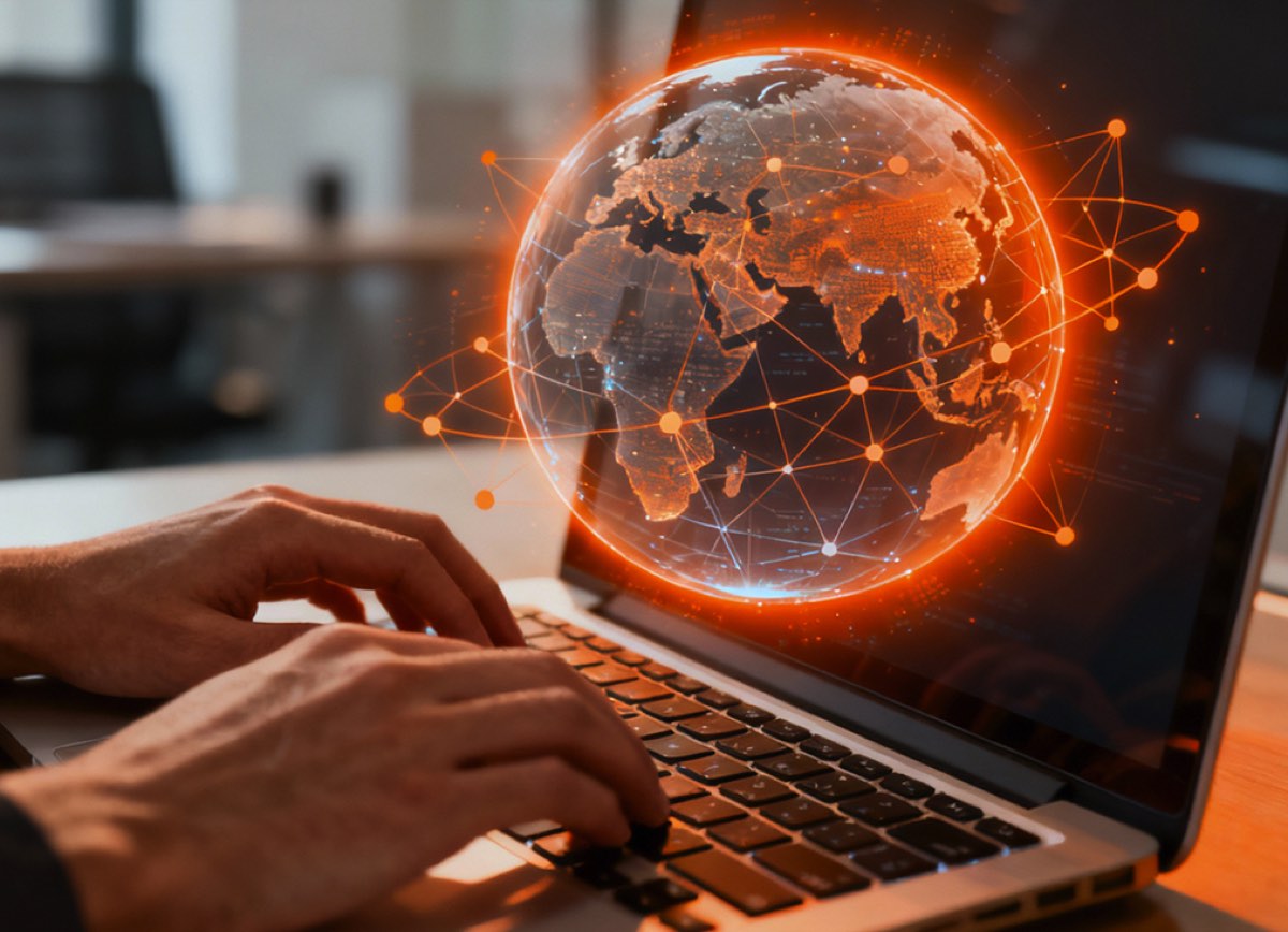 Hands typing on a laptop with a connected global network hologram