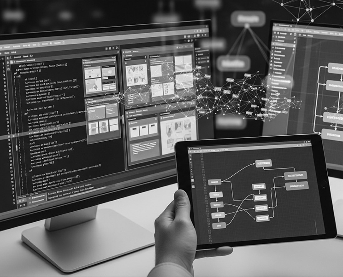 Developer workstation with code and app architecture diagrams